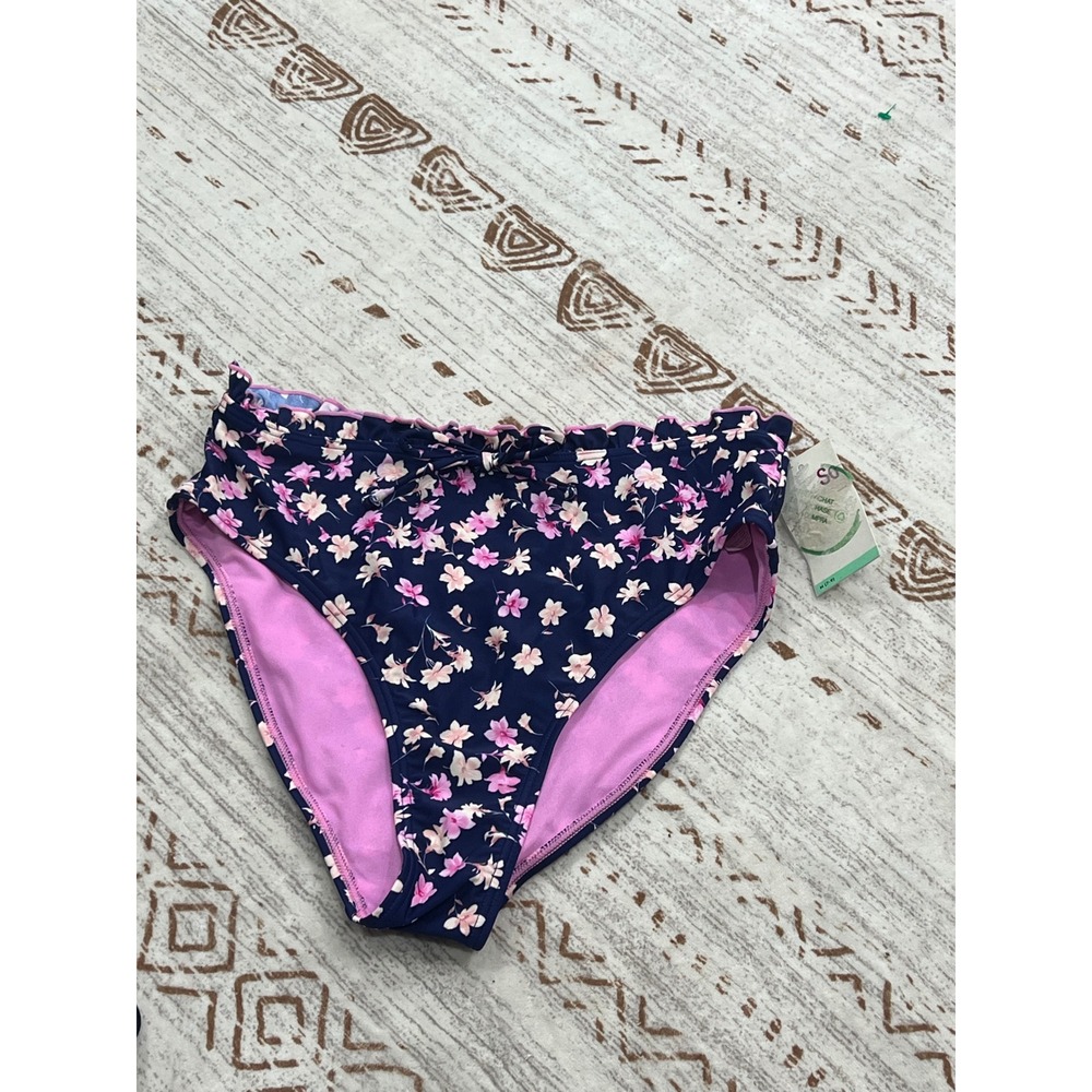 SO Womens Navy Blue Pink Floral High Waisted Ruffle Bikini‎ Swim Bottoms Size M